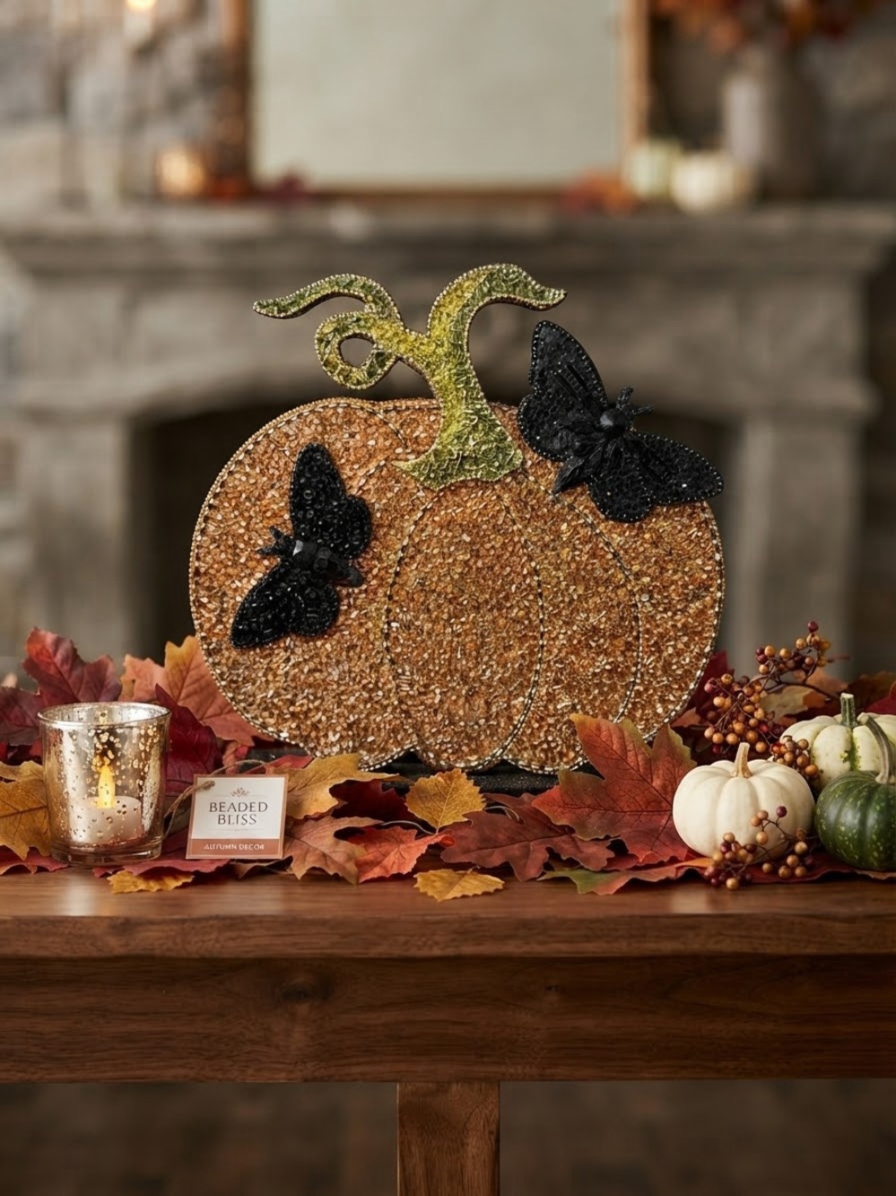 Halloween Fall Gold Pumpkin Table Accent with Black Butterflies